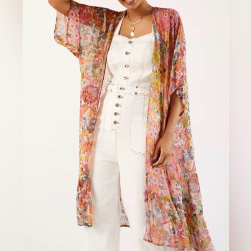 Anthropologie Floral Pink Sheer Duster Shimmer Kimono, maxi length, one size